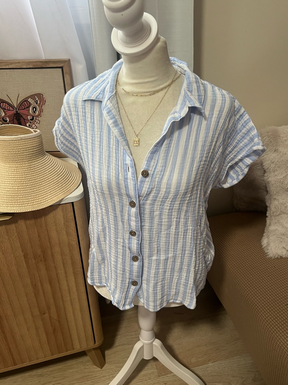 beachlunchlounge Light Blue and White Striped Button-Down Shirt